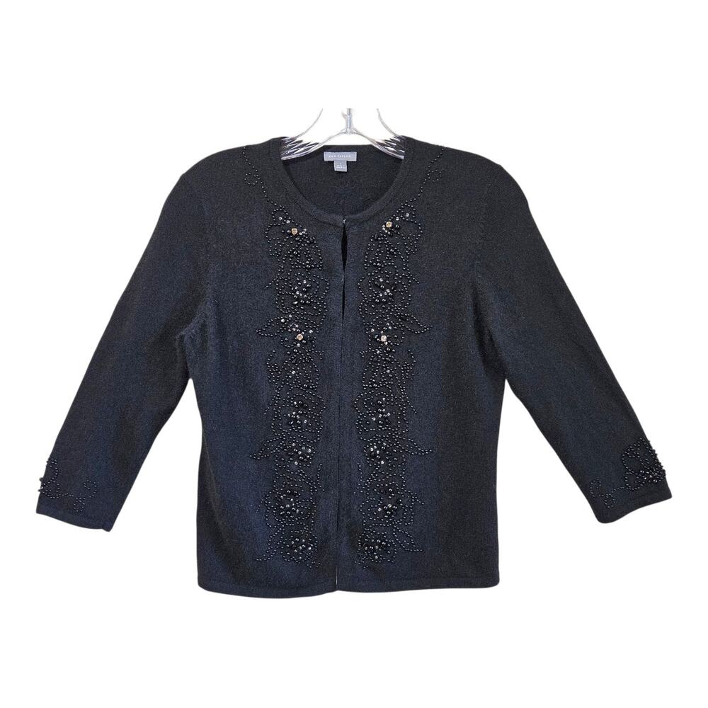 ANN TAYLOR Women's S Cardigan Sweater Black Beaded Wool Angora Blend Elegant 34"
